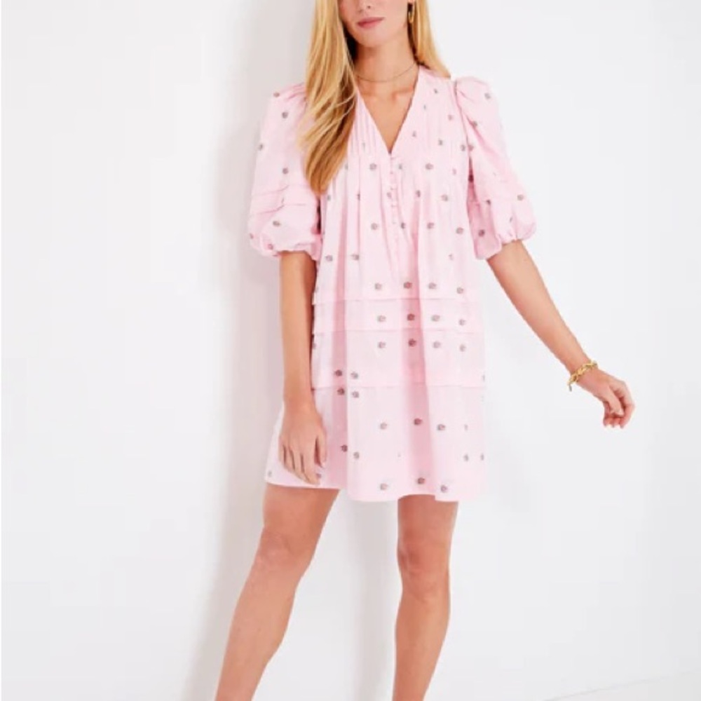 HUNTER BELL Pink Embellished Puff-Sleeve V-Neck Mini Dress